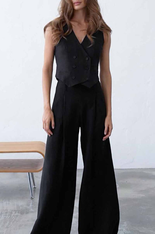Conjunto informal de dos piezas, liso, con escote en V y sin mangas