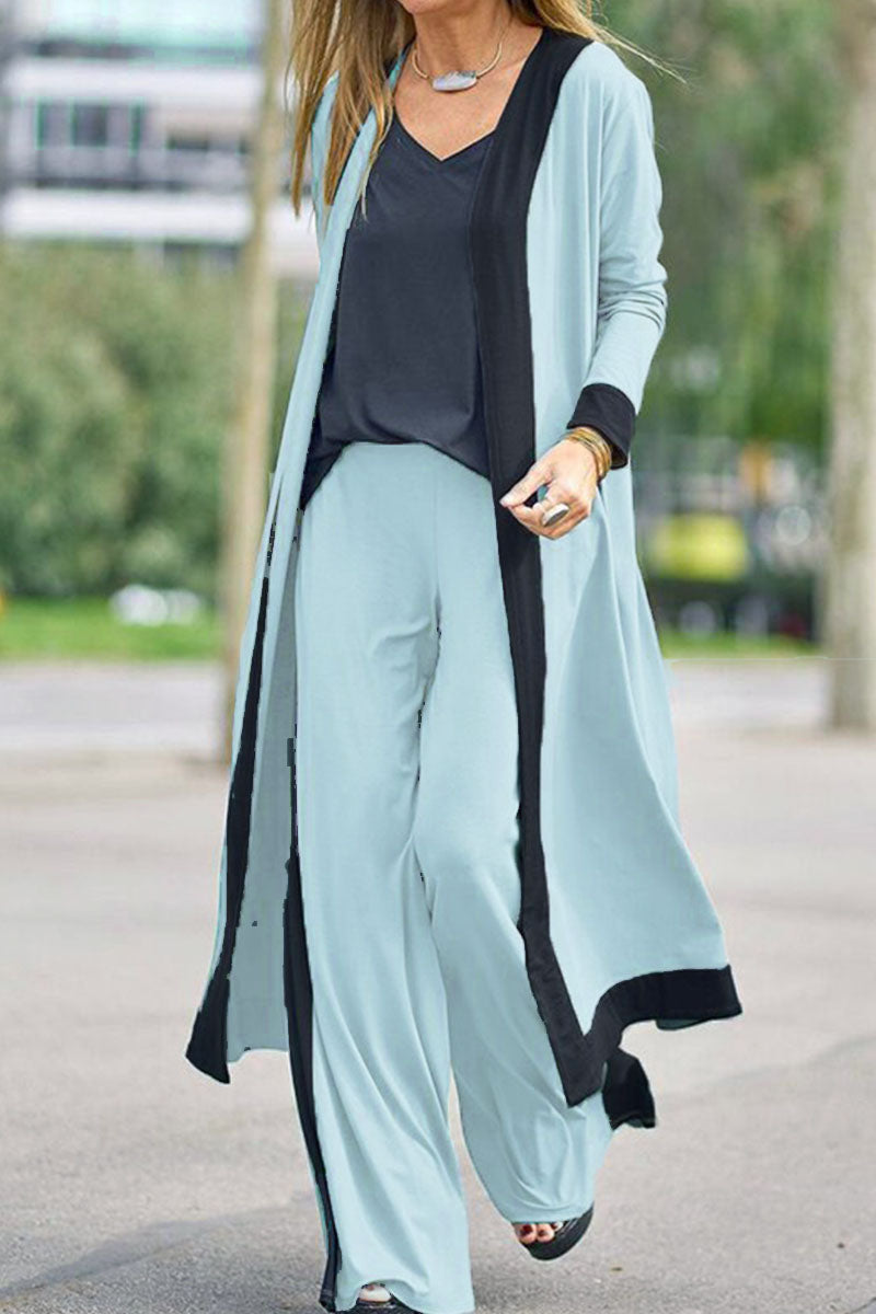 Conjunto informal elegante de tres piezas con escote en V y manga larga en contraste (5 colores)