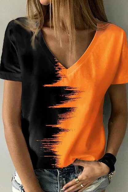 Camisetas de cuello en V con patchwork y estampado urbano