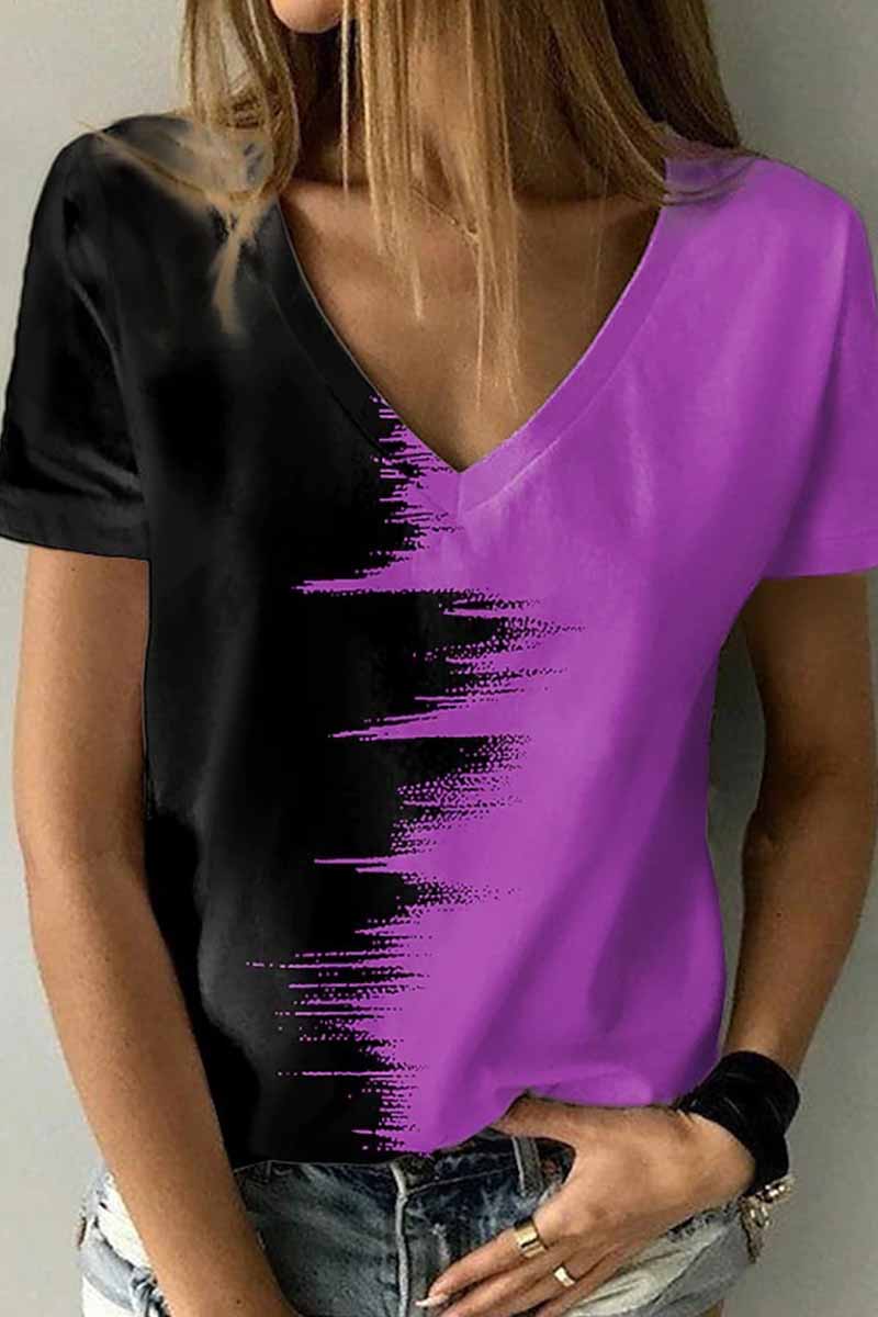Camisetas de cuello en V con patchwork y estampado urbano