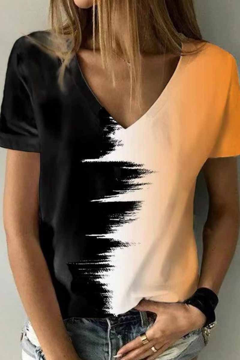 Camisetas de cuello en V con patchwork y estampado urbano