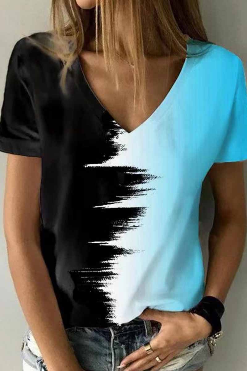 Camisetas de cuello en V con patchwork y estampado urbano