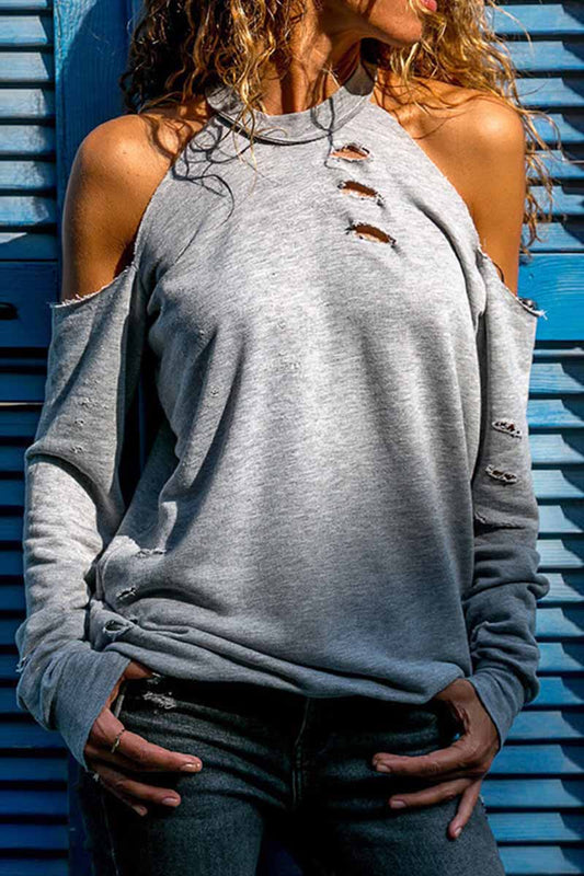 Tops de cuello redondo desgastados y rotos de calle (4 colores)