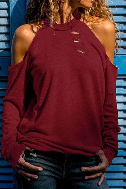 Tops de cuello redondo desgastados y rotos de calle (4 colores)