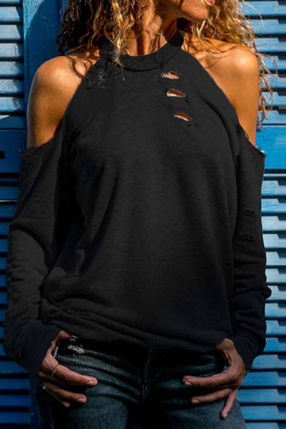 Tops de cuello redondo desgastados y rotos de calle (4 colores)