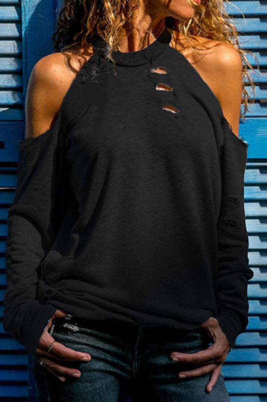 Tops de cuello redondo desgastados y rotos de calle (4 colores)