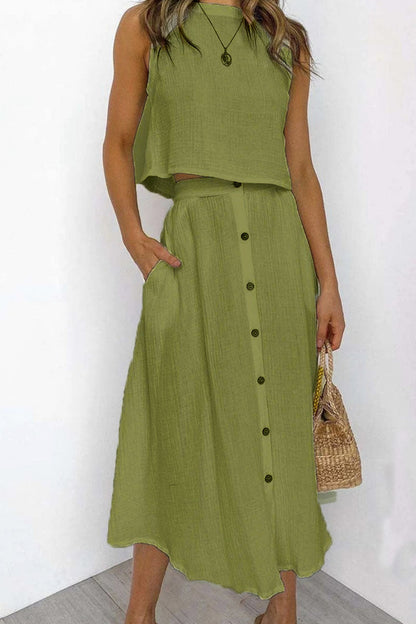 Conjunto informal de dos piezas, liso, dividido, con cuello redondo, sin mangas (5 colores)