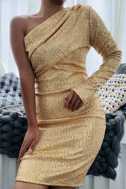 Vestidos sexis de lentejuelas sólidas con un solo hombro y falda de un solo paso
