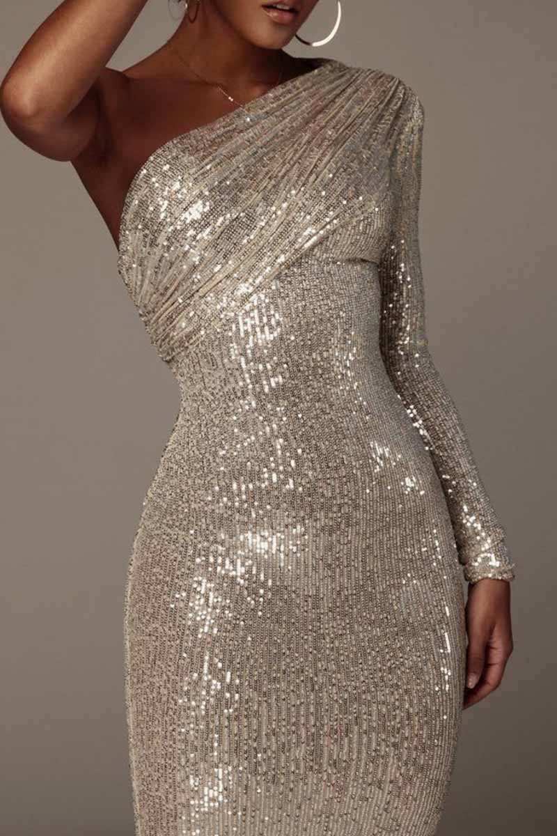 Vestidos sexis de lentejuelas sólidas con un solo hombro y falda de un solo paso