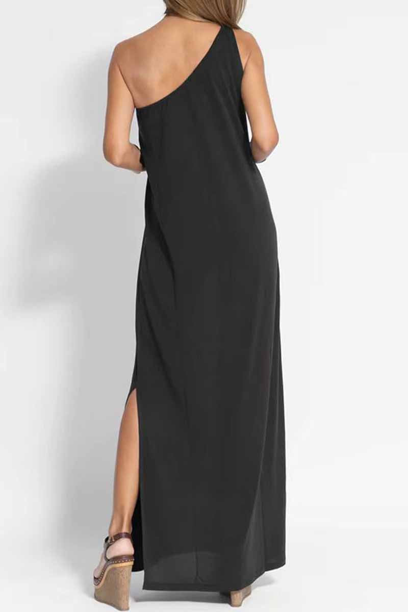Elegante vestido de corte A con un solo hombro y abertura sólida