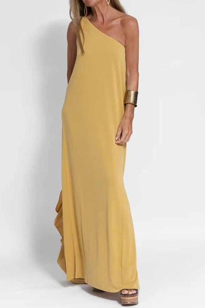 Elegante vestido de corte A con un solo hombro y abertura sólida