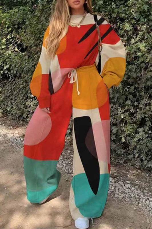 Conjunto de dos piezas con cuello redondo, manga larga y estampado informal de patchwork (13 colores)