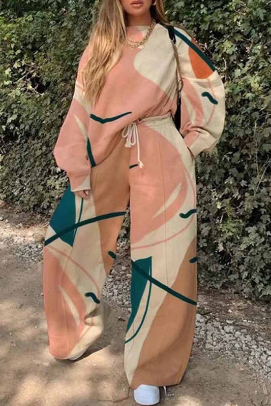 Conjunto de dos piezas con cuello redondo, manga larga y estampado informal de patchwork (13 colores)