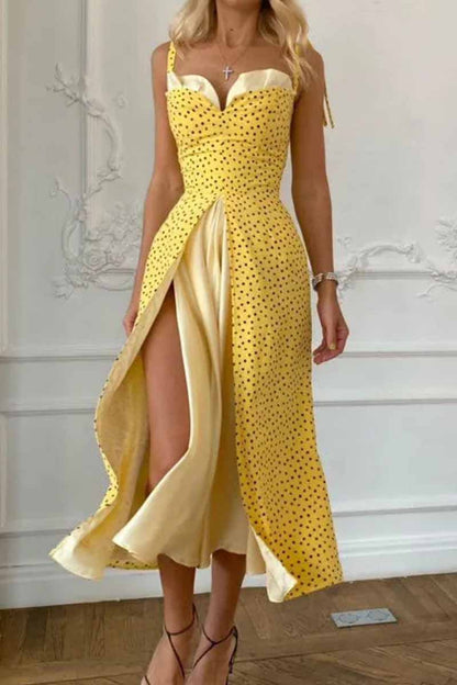 Vestidos elegantes de corte A con escote en V y abertura con parches lisos y estampados