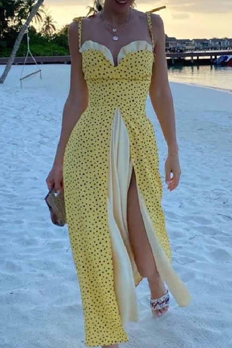 Vestidos elegantes de corte A con escote en V y abertura con parches lisos y estampados