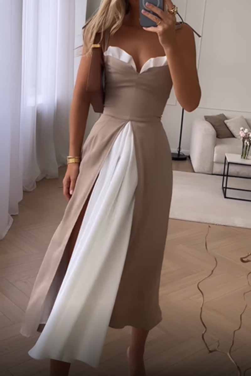 Vestidos elegantes de corte A con escote en V y abertura con parches lisos y estampados