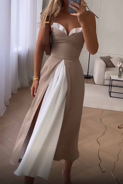 Vestidos elegantes de corte A con escote en V y abertura con parches lisos y estampados