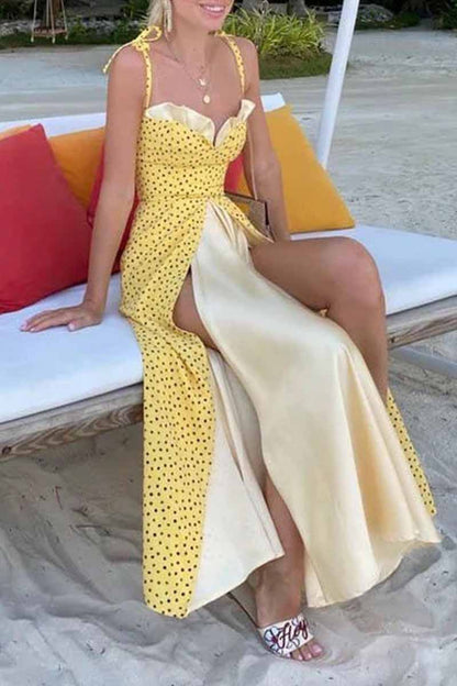 Vestidos elegantes de corte A con escote en V y abertura con parches lisos y estampados