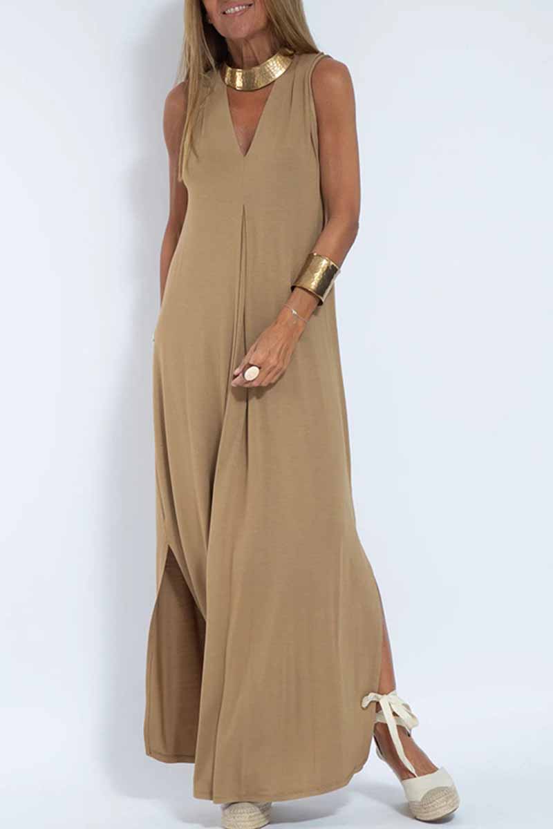 Vestido estilo chaleco con cuello en V y parches lisos de estilo urbano (4 colores)
