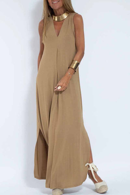 Vestido de calle liso con cuello en V y patchwork