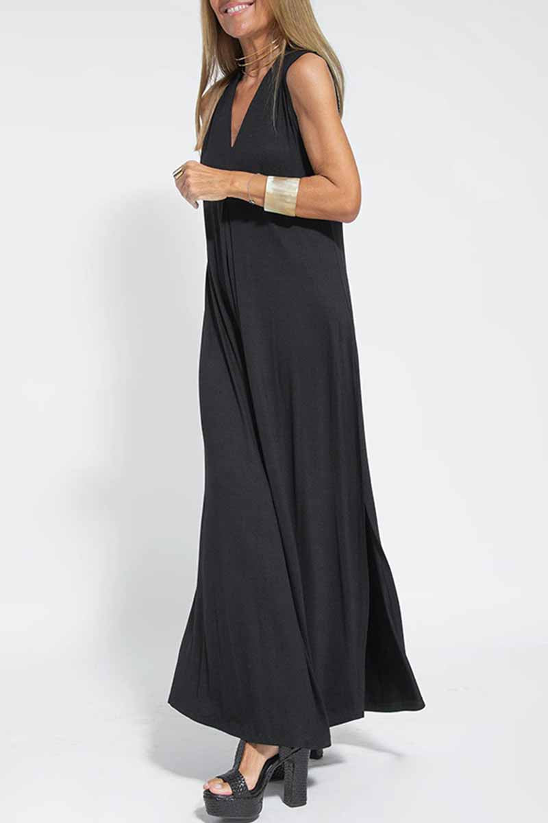 Vestido estilo chaleco con cuello en V y parches lisos de estilo urbano (4 colores)