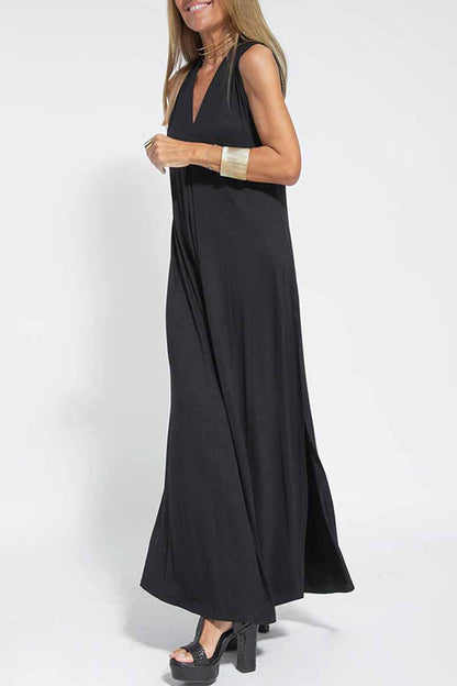 Vestido de calle liso con cuello en V y patchwork