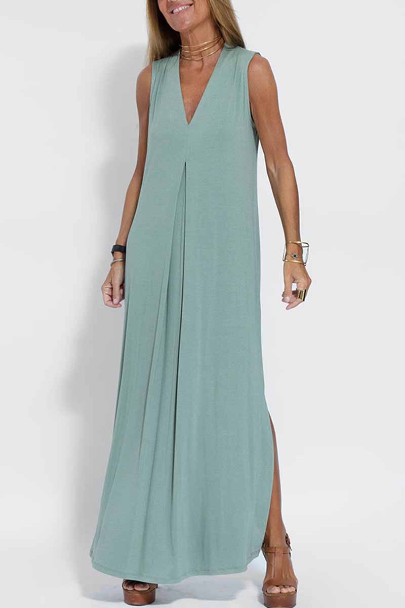 Vestido estilo chaleco con cuello en V y parches lisos de estilo urbano (4 colores)