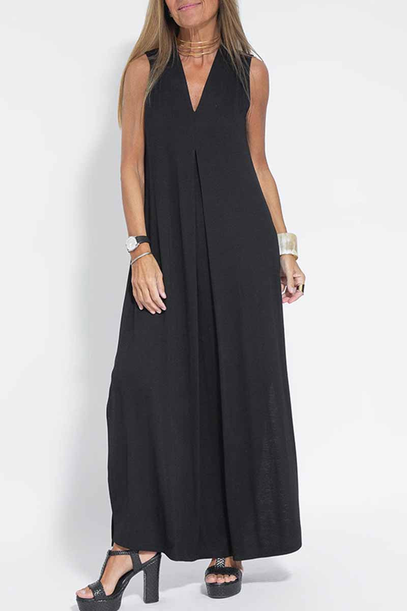 Vestido de calle liso con cuello en V y patchwork