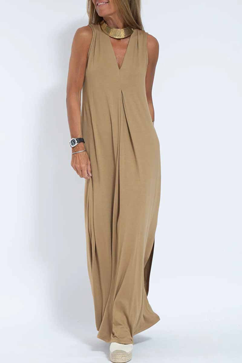 Vestido estilo chaleco con cuello en V y parches lisos de estilo urbano (4 colores)