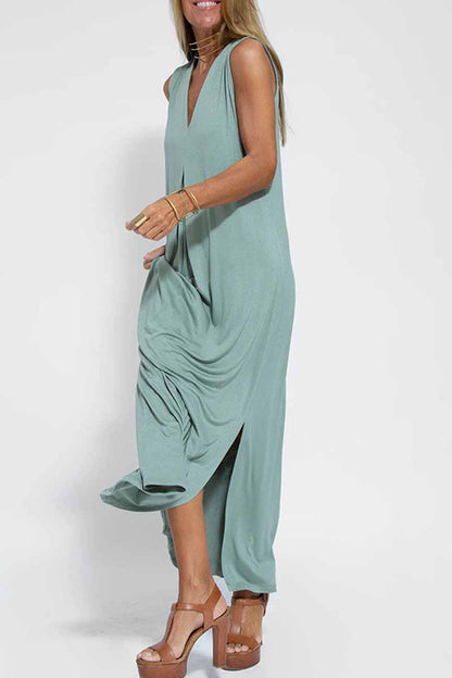 Vestido estilo chaleco con cuello en V y parches lisos de estilo urbano (4 colores)