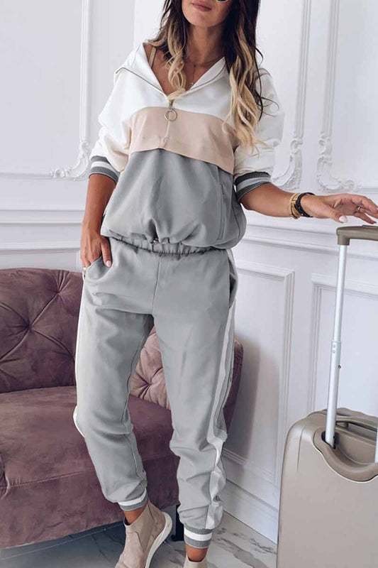 Elegante conjunto de dos piezas con capucha, cuello y manga larga y parches sólidos