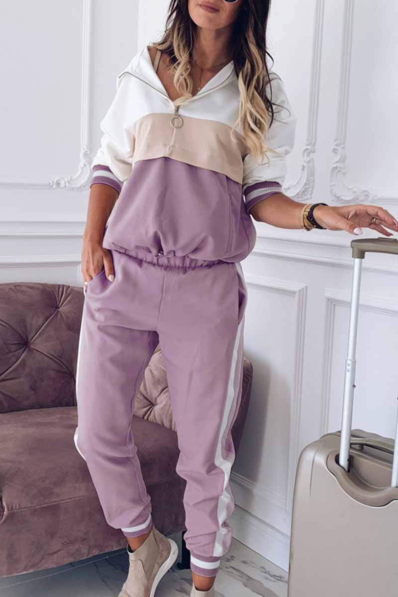 Elegante conjunto de dos piezas con capucha, cuello y manga larga y parches sólidos