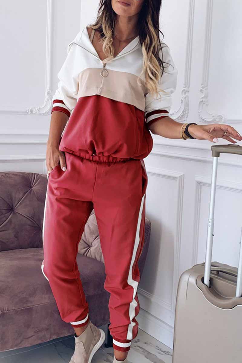 Elegante conjunto de dos piezas con capucha, cuello y manga larga y parches sólidos