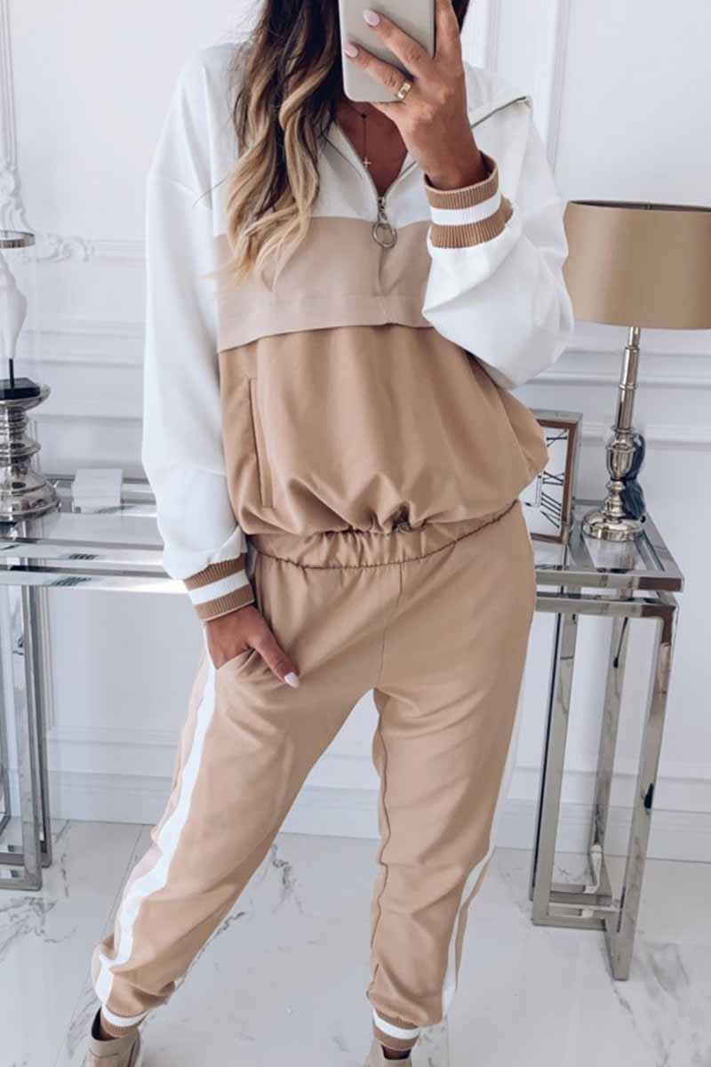 Elegante conjunto de dos piezas con capucha, cuello y manga larga y parches sólidos