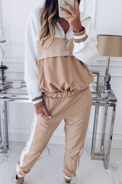 Elegante conjunto de dos piezas con capucha, cuello y manga larga y parches sólidos