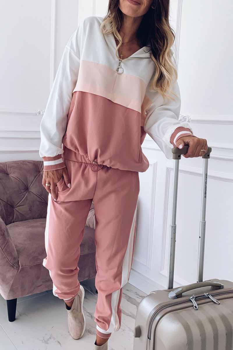 Elegante conjunto de dos piezas con capucha, cuello y manga larga y parches sólidos