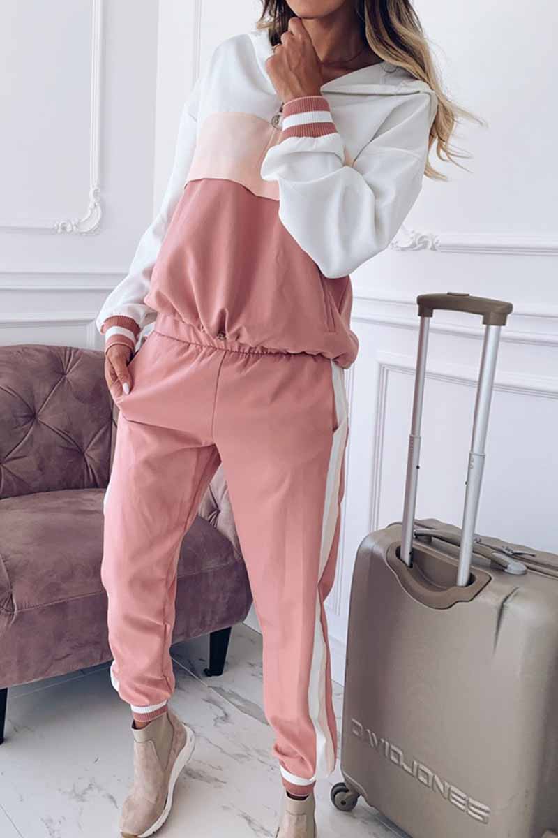 Elegante conjunto de dos piezas con capucha, cuello y manga larga y parches sólidos