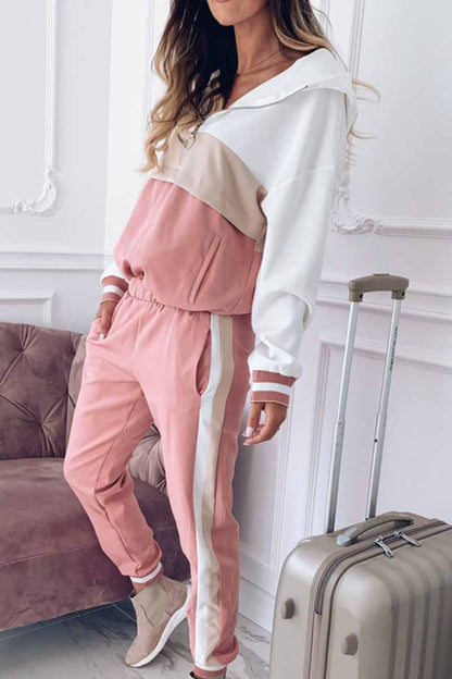 Elegante conjunto de dos piezas con capucha, cuello y manga larga y parches sólidos