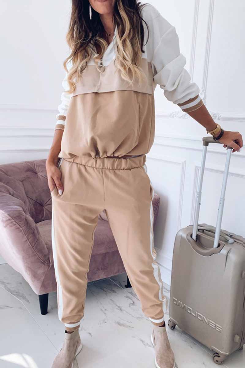 Elegante conjunto de dos piezas con capucha, cuello y manga larga y parches sólidos