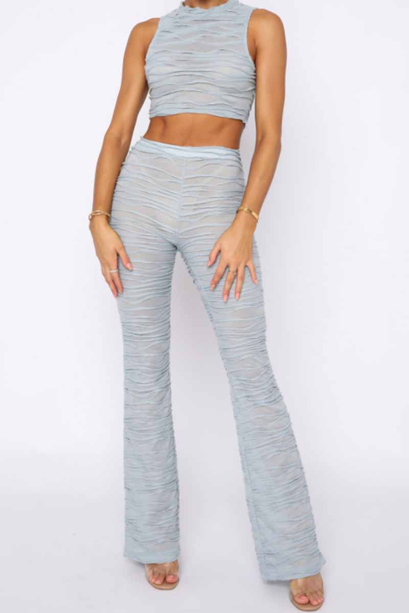 Conjunto de dos piezas sin mangas con cuello redondo y pliegues sólidos de calle sexy