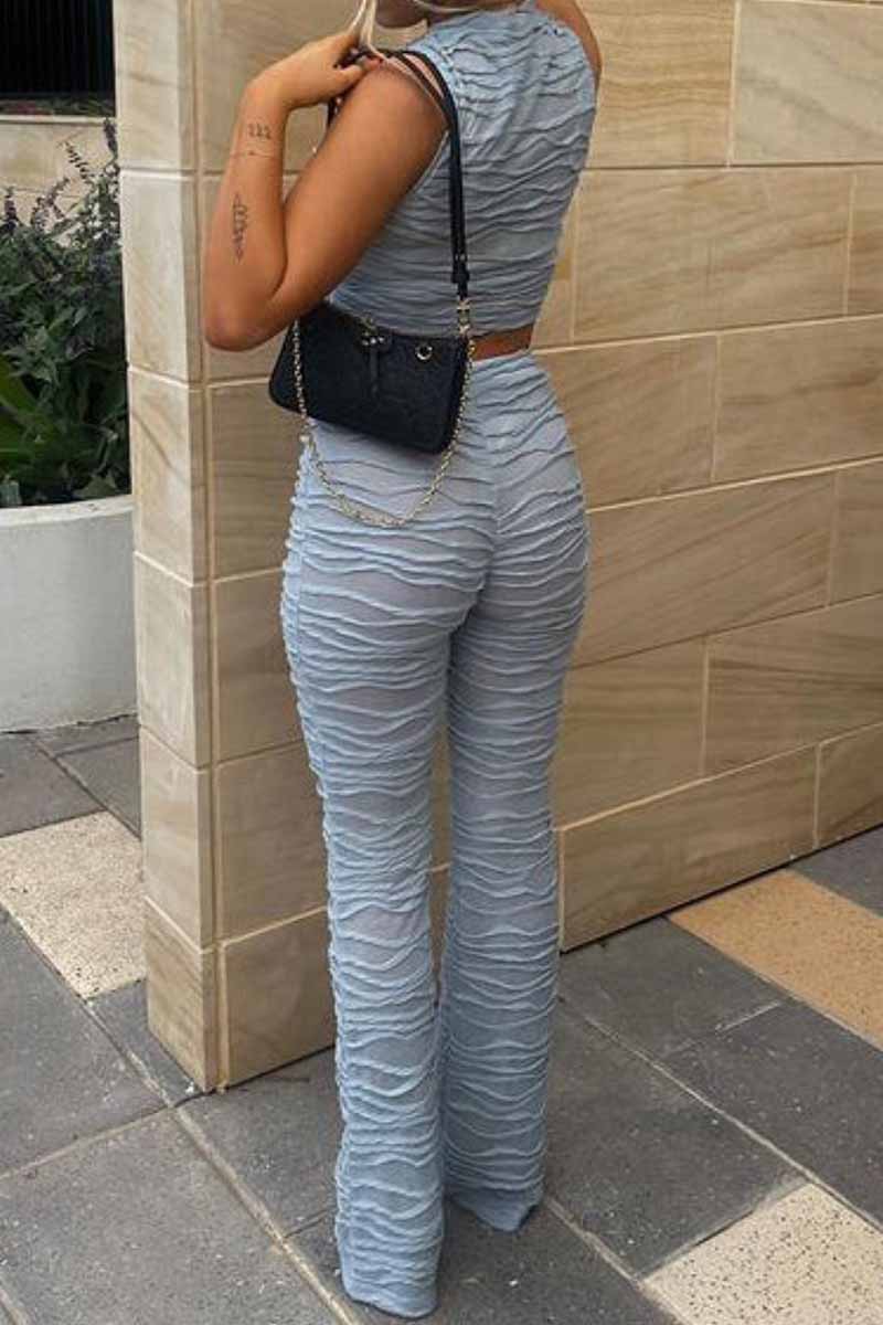 Conjunto de dos piezas sin mangas con cuello redondo y pliegues sólidos de calle sexy