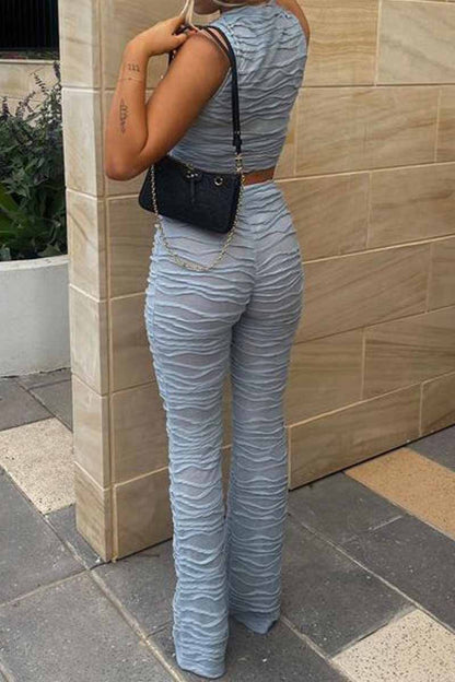 Conjunto de dos piezas sin mangas con cuello redondo y pliegues sólidos de calle sexy