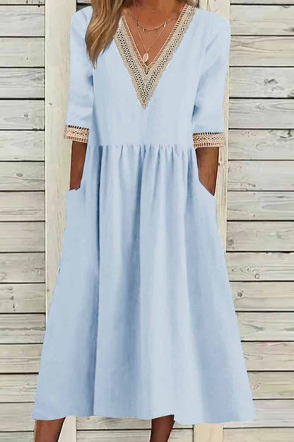 Elegantes vestidos de línea A con cuello en V y patchwork sólido