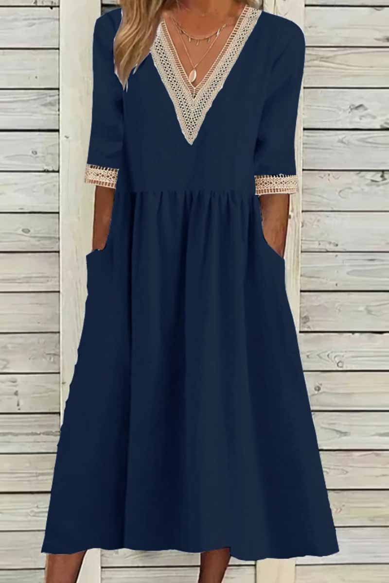 Elegantes vestidos de línea A con cuello en V y patchwork sólido