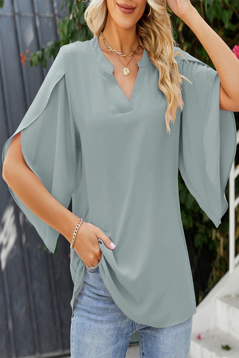 Blusas elegantes y dulces con cuello en V y orillo liso con fibras