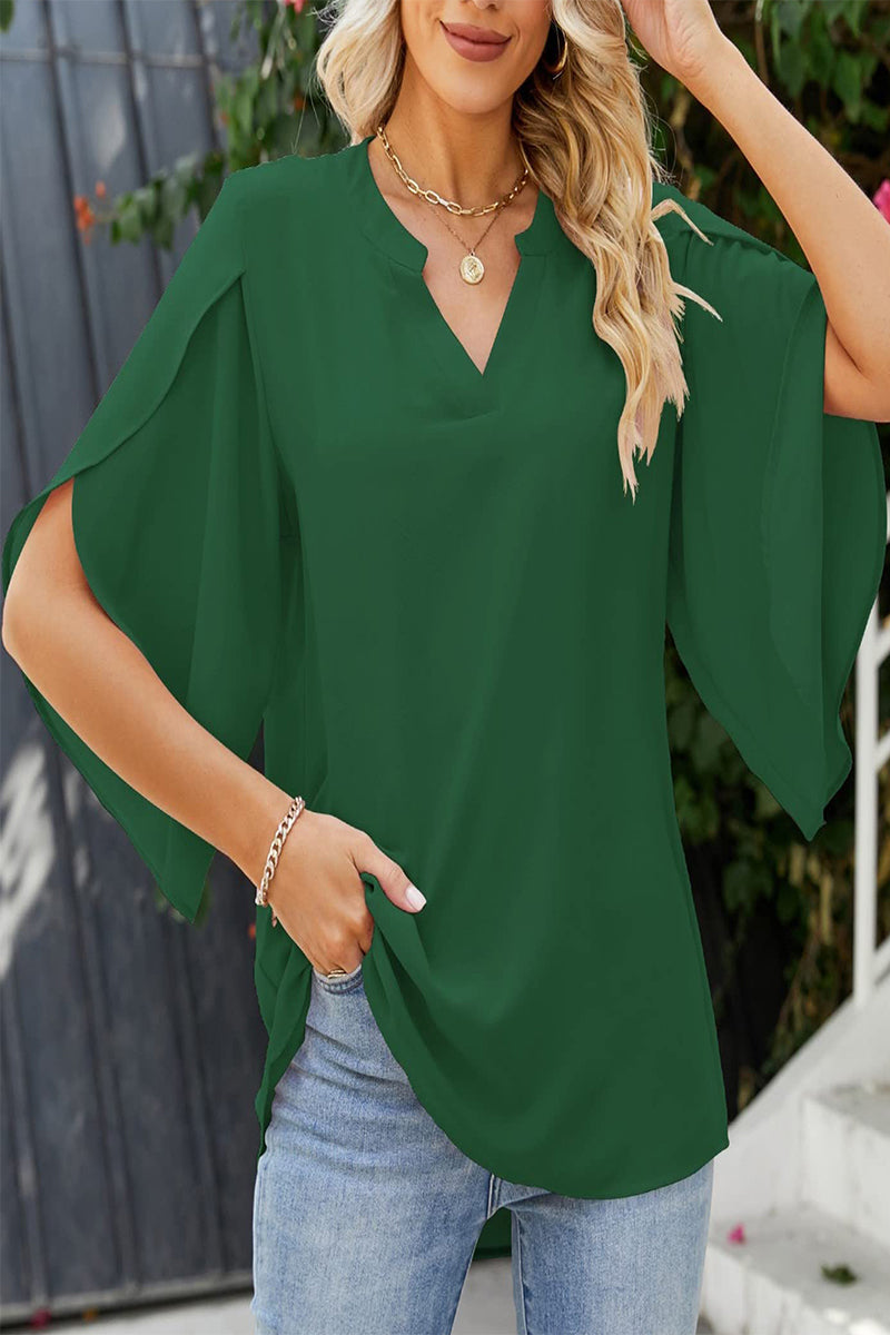 Blusas elegantes y dulces con cuello en V y orillo liso con fibras