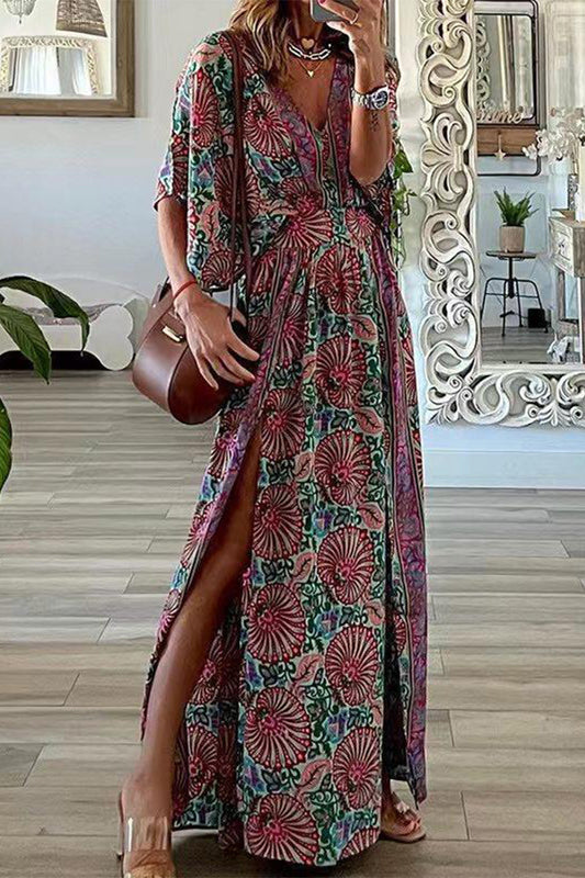 Vestidos de corte A con escote en V y abertura con estampado vintage bohemio