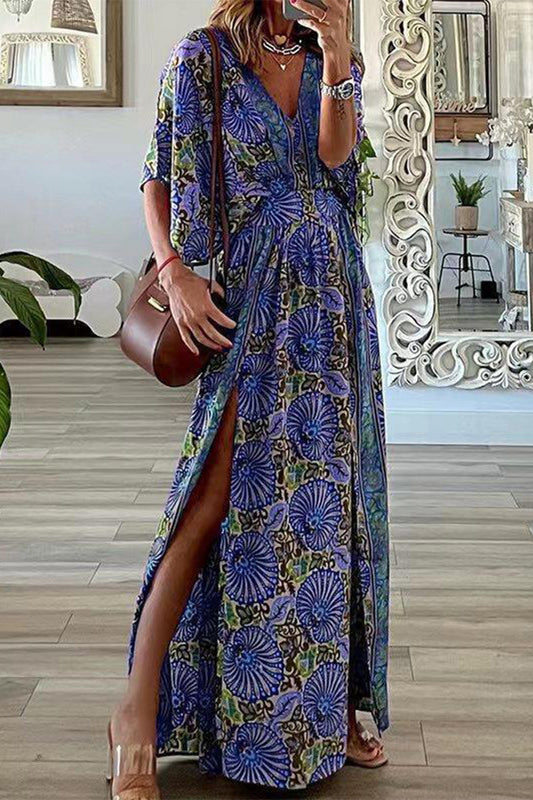 Vestidos bohemios vintage con escote en V y abertura (6 colores)