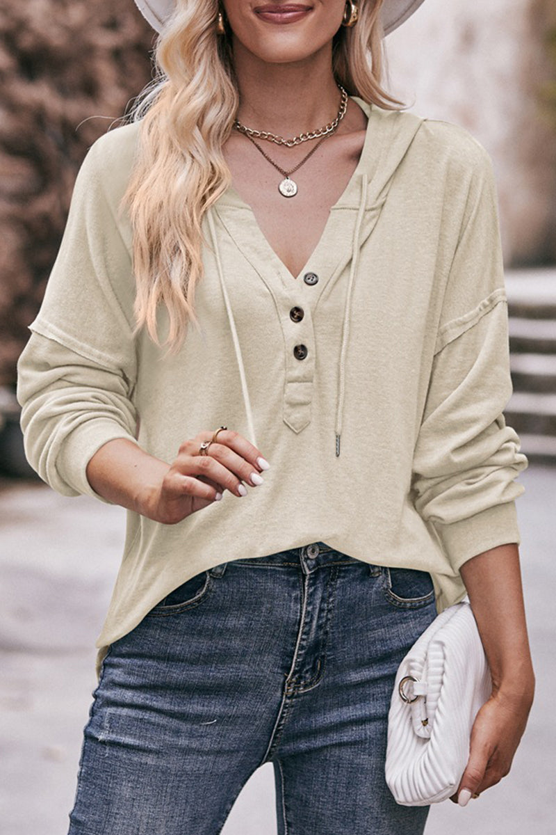 Tops casuales con cuello y capucha y botones sólidos