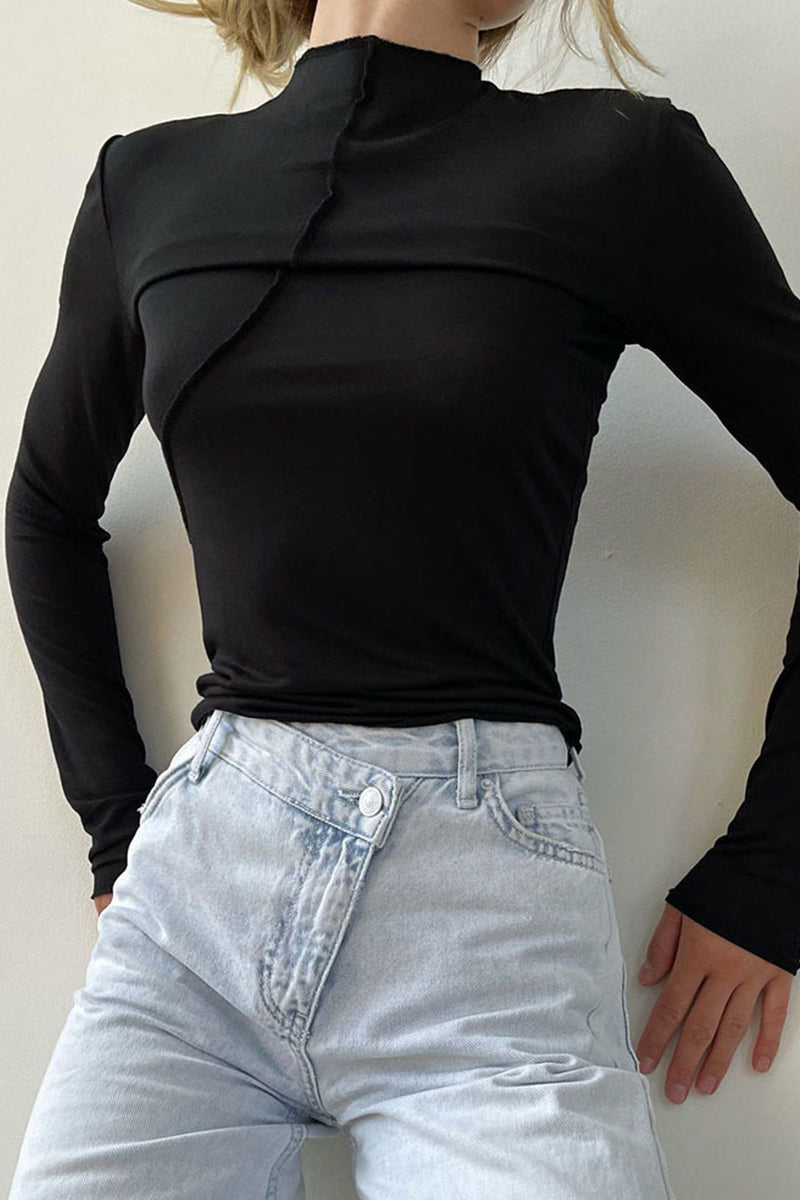 Tops casuales de cuello alto liso de media manga con simplicidad